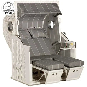 Strandkorb Sonnenpartner Classic 8098 aus weißem PE-Geflecht mit grauen Polstern und verstellbaren Fußstützen, Modell Dessin 198