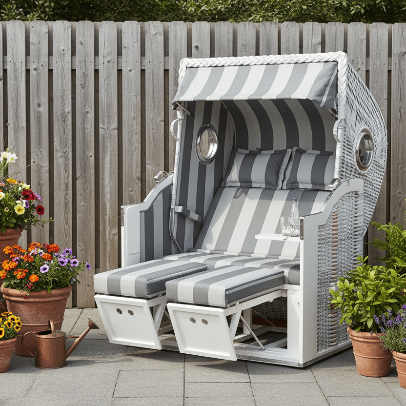 Strandkorb Sonnenpartner Classic PE white-washed in Grau-Weiß, Holz weiss, Dessin 121 mit Fußstützen im Garten neben Blumentöpfen