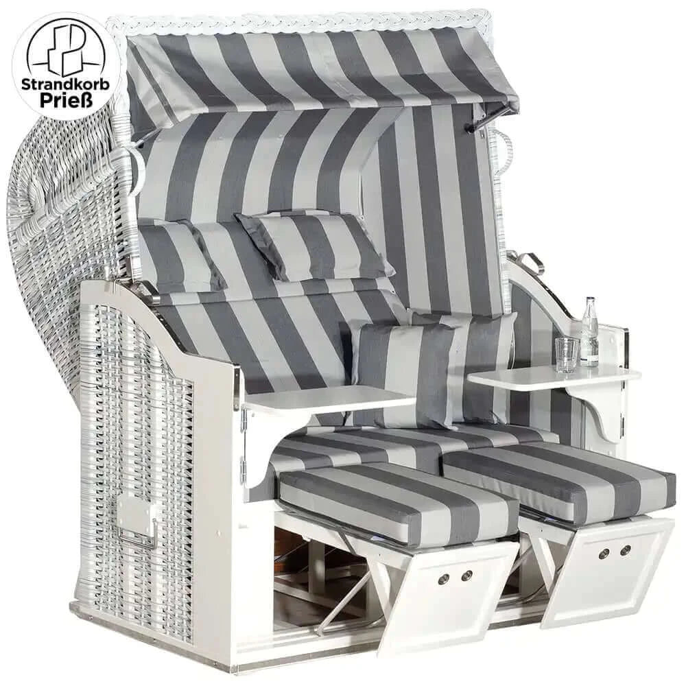 Strandkorb Sonnenpartner Classic 8106 white-washed grau weiß, PE-Geflecht, verstellbare Fußstützen und Komfortkissen, Modell für zwei Personen