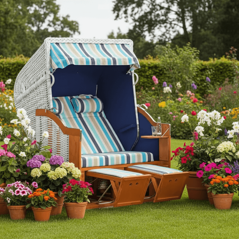 Strandkorb Sonnenpartner Classic white washed mit blau gestreutem Dessin Ocean und Fußstützen im blühenden Garten, frontal abgebildet