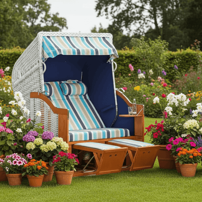 Strandkorb Sonnenpartner Classic white washed mit blau gestreutem Dessin Ocean und Fußstützen im blühenden Garten, frontal abgebildet
