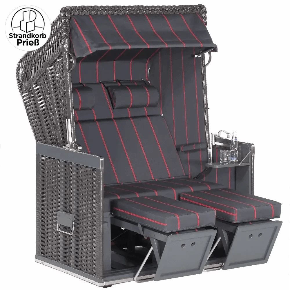 Strandkorb Sonnenpartner Modell Konsul 8107 Geflecht anthrazit Holz grau Dessin 190 mit Nackenrollen und höhenverstellbarer Komfortliege
