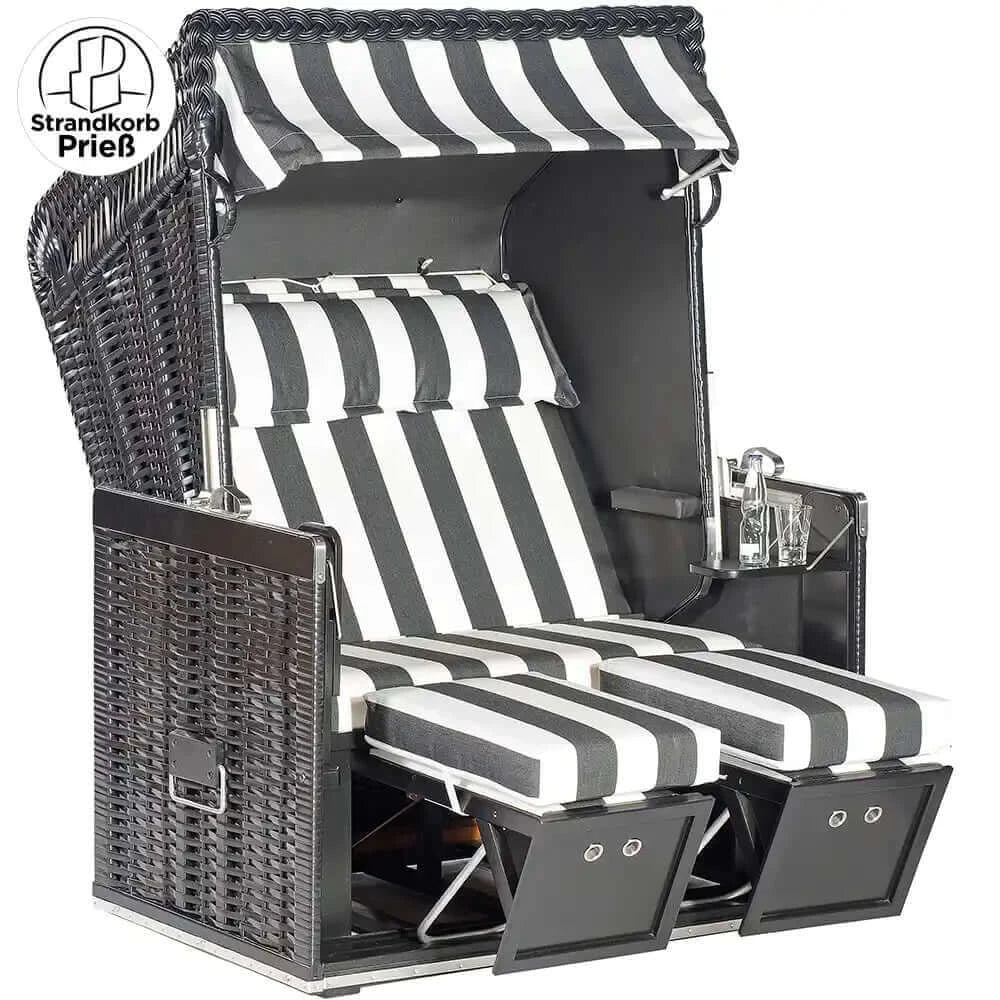 Strandkorb Sonnenpartner Modell Konsul schwarz mit Dessin 83, großer Liegefläche und Komfortausstattung für zwei Personen