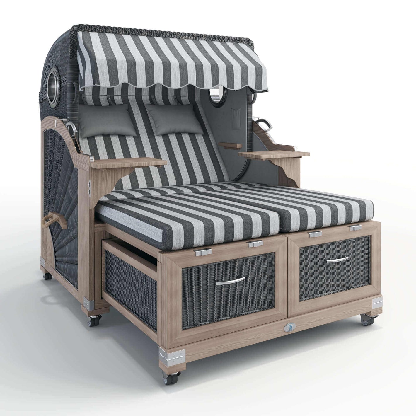 Strandkorb Lounge Stilkorb Buxtehude CADIZ anthrazit-silber mit gestreiftem Stoff und praktischen Funktionen.