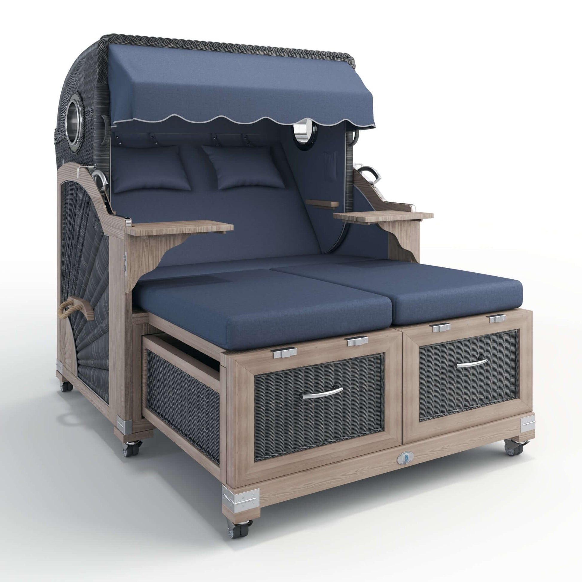 Strandkorb Lounge Stilkorb Buxtehude Teak Vintage Dessin Heritage blau mit zwei comfortable Liegeflächen