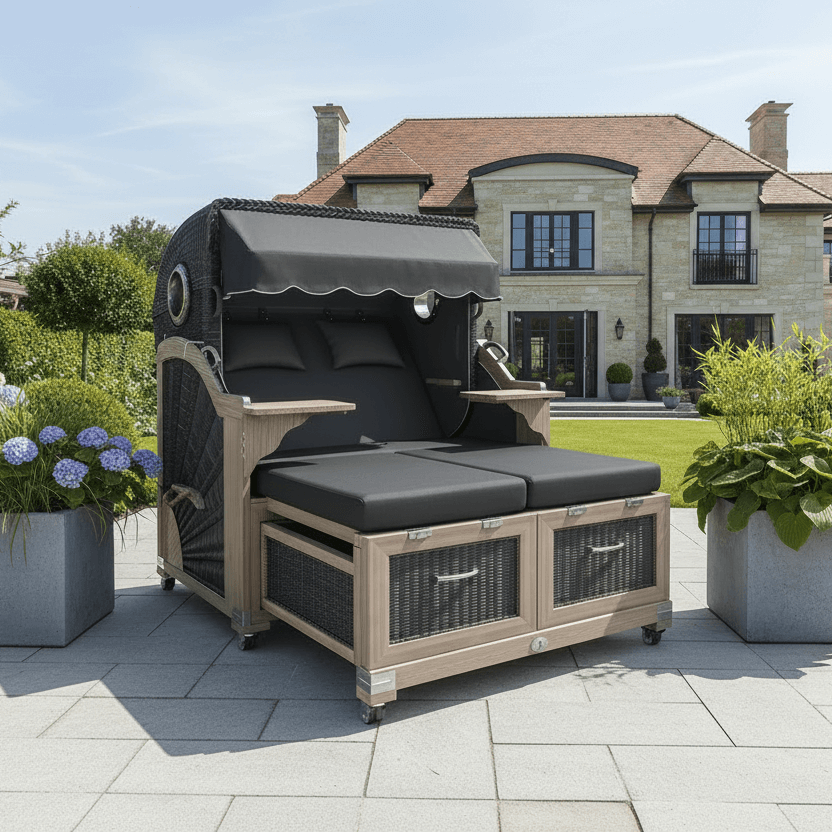 Strandkorb Lounge Stilkorb Buxtehude Teak Vintage San Sebastian anthrazit als 2,5 Sitzer Volllieger im Garten vor modernem Haus