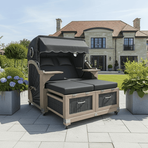 Strandkorb Lounge Stilkorb Buxtehude Teak Vintage San Sebastian anthrazit als 2,5 Sitzer Volllieger im Garten vor modernem Haus