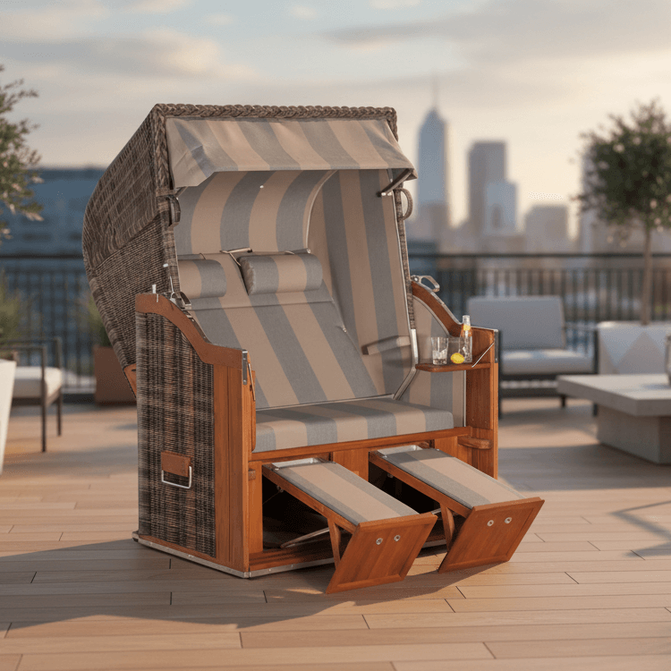 8187 Strandkorb Sonnenpartner Modell Classic Teak PE Rundgeflecht cappuccino, Holz lasiert, Dessin 74 wie abgebildet