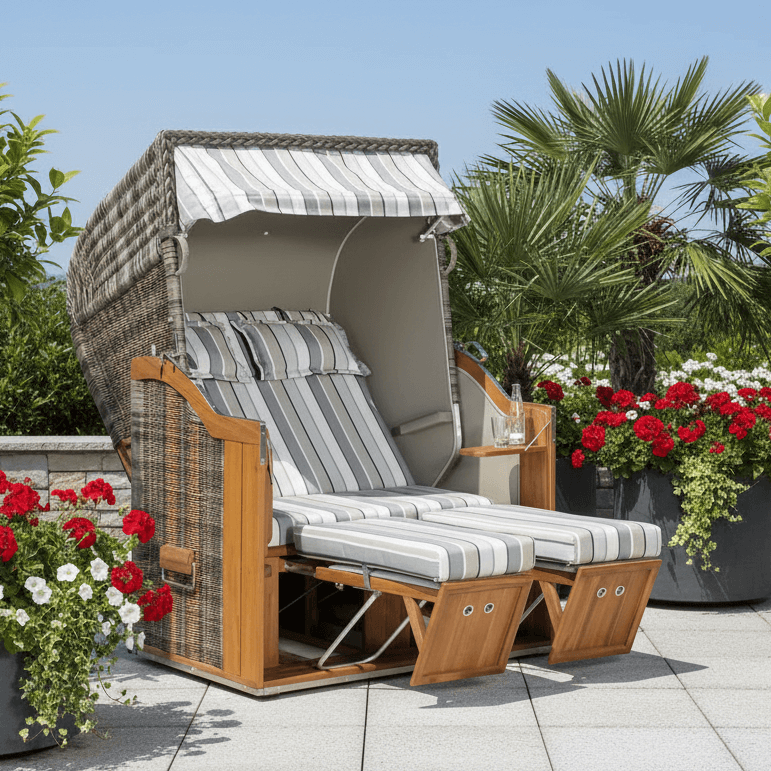 Strandkorb Sonnenpartner Classic Teak in Cappuccinooptik mit grau-taupe Streifenpolster auf Terrasse mit Blumen und Palmen