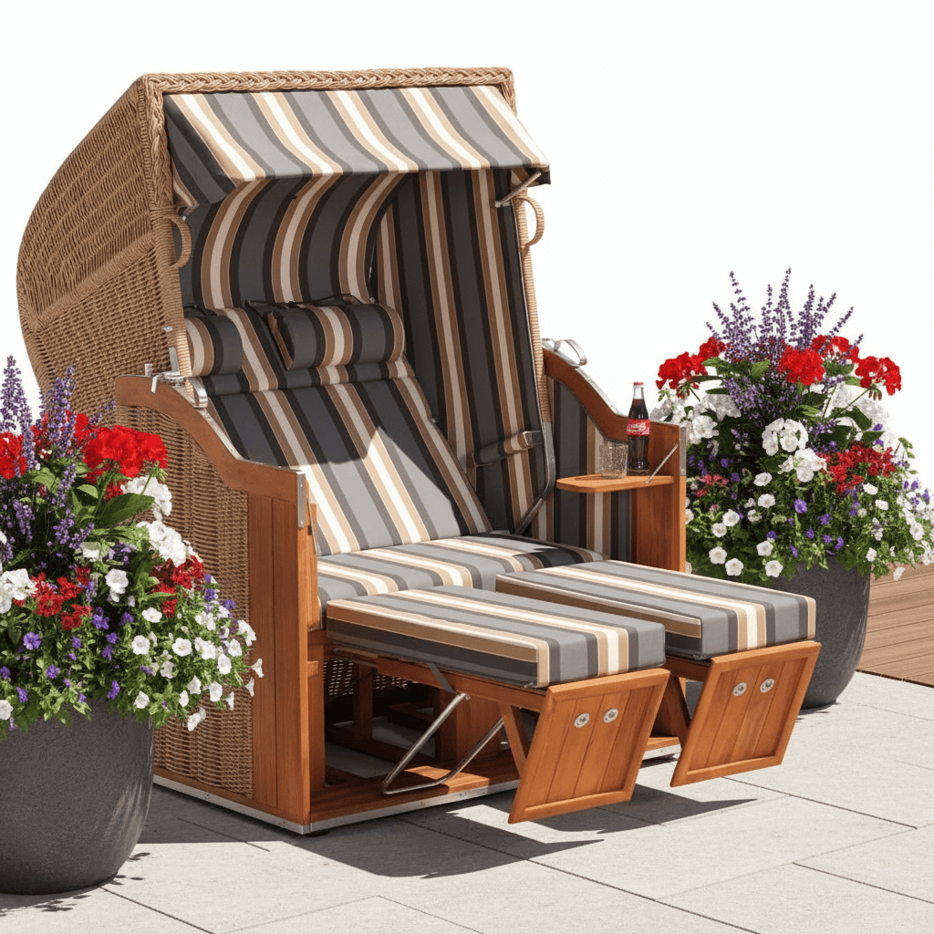 Strandkorb Sonnenpartner Classic Teak PE Rundgeflecht Hyazinthoptik mit Nackenrollen und Fußstützenkissen auf Terrasse