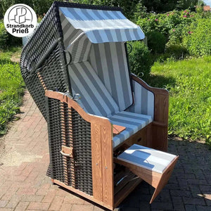 Strandkorb Föhr Geflecht anthrazit PVC Stoff grau weiss, 2-Sitzer Halblieger im Freien.