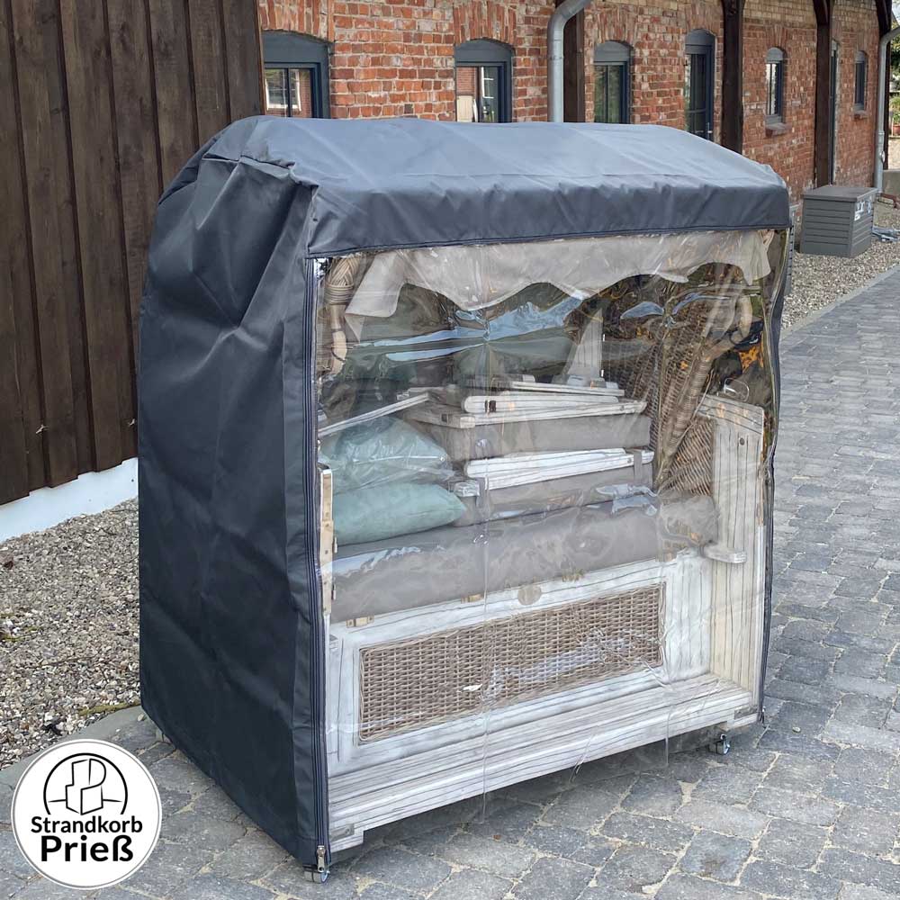 Universal Schutzhülle Klarsichtfront für Strandkorb, graue Oxford-Gewebe Hülle mit transparenter Front.