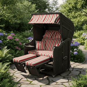 Komplettpaket Strandkorb Kiel 255 Plus, Holz grau lasiert, PVC-Geflecht anthrazit, Dessin Filo Rosso