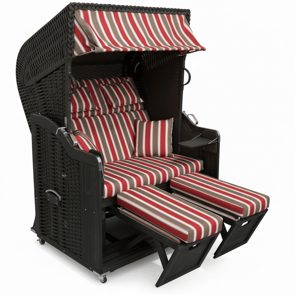 Strandkorb Kiel 255 Plus, Holz grau lasiert, PVC-Geflecht anthrazit, Dessin Filo Rosso