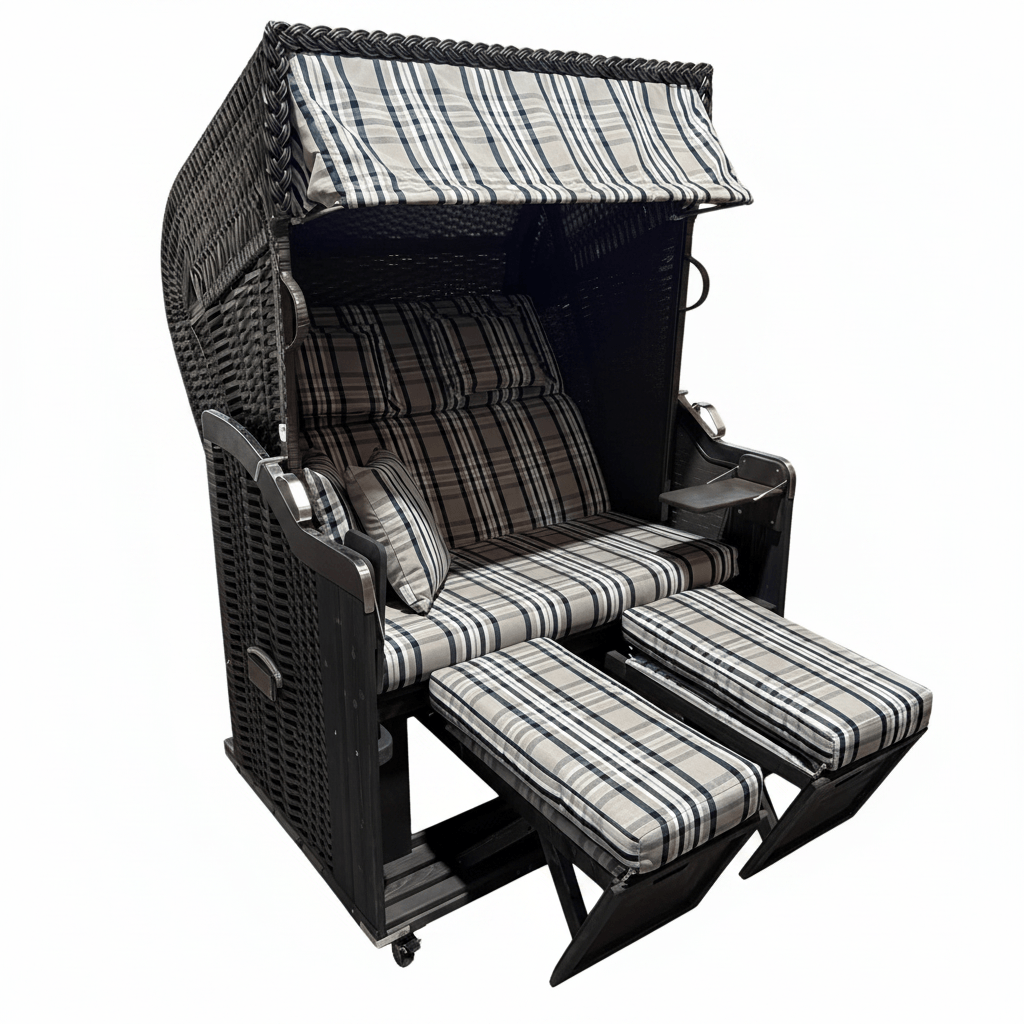 Strandkorb Kiel 255 Plus, Holz grau lasiert, PVC-Geflecht anthrazit, Dessin Modena blau