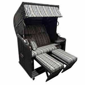 Strandkorb Kiel 255 Plus, Holz grau lasiert, PVC-Geflecht anthrazit, Dessin Modena blau