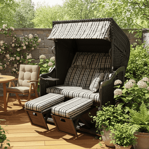 Komplettpaket Strandkorb Kiel 255 Plus, Holz grau lasiert, PVC-Geflecht anthrazit, Dessin Modena blau