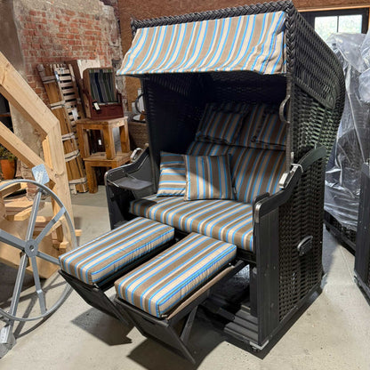 Strandkorb Kiel 255 Plus, Holz grau lasiert, PVC-Geflecht anthrazit, Dessin Pola türkis taupe