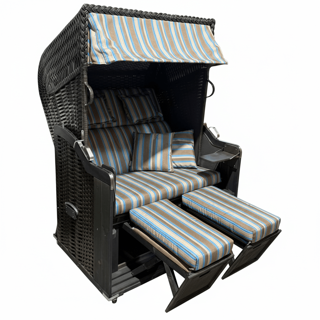 Strandkorb Kiel 255 Plus, Holz grau lasiert, PVC-Geflecht anthrazit, Dessin Pola türkis taupe