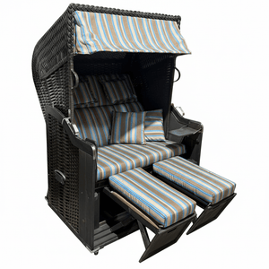 Strandkorb Kiel 255 Plus, Holz grau lasiert, PVC-Geflecht anthrazit, Dessin Pola türkis taupe