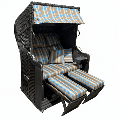Strandkorb Kiel 255 Plus, Holz grau lasiert, PVC-Geflecht anthrazit, Dessin Pola türkis taupe