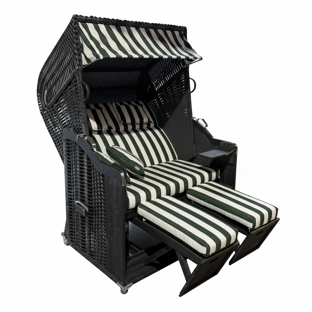 Strandkorb Kiel 255 Plus, Holz grau lasiert, PVC-Geflecht anthrazit, Dessin Vert grün
