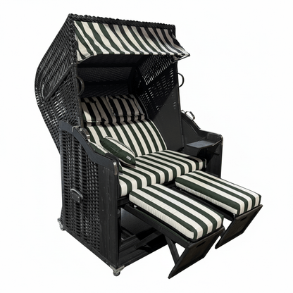 Strandkorb Kiel 255 Plus, Holz grau lasiert, PVC-Geflecht anthrazit, Dessin Vert grün