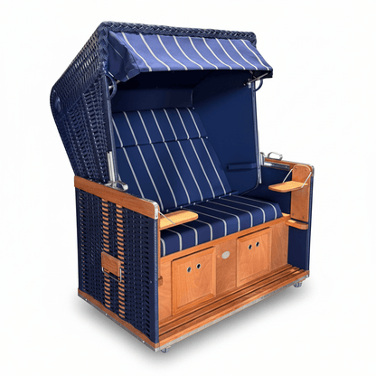 Strandkorb Sonnenpartner Modell Konsul XL 150cm PVC blau, Holz lasiert, Dessin blau weiss 27