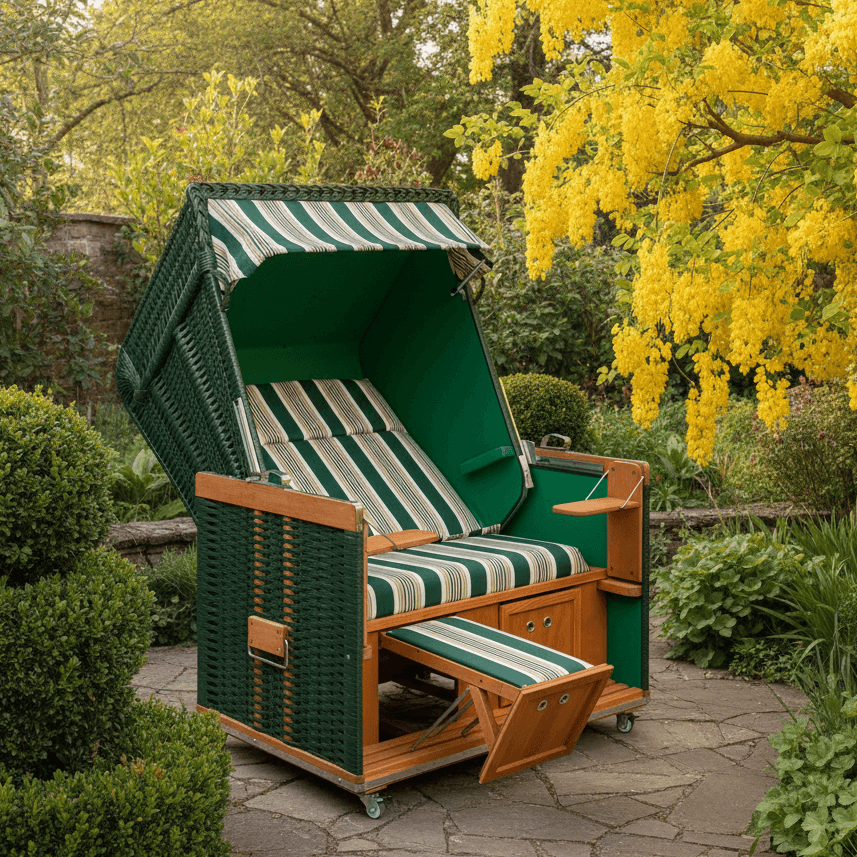 Strandkorb Modell Konsul grün, Holz lasiert, halbliegendes 2-Sitzer Design im Garten mit blühenden Pflanzen.