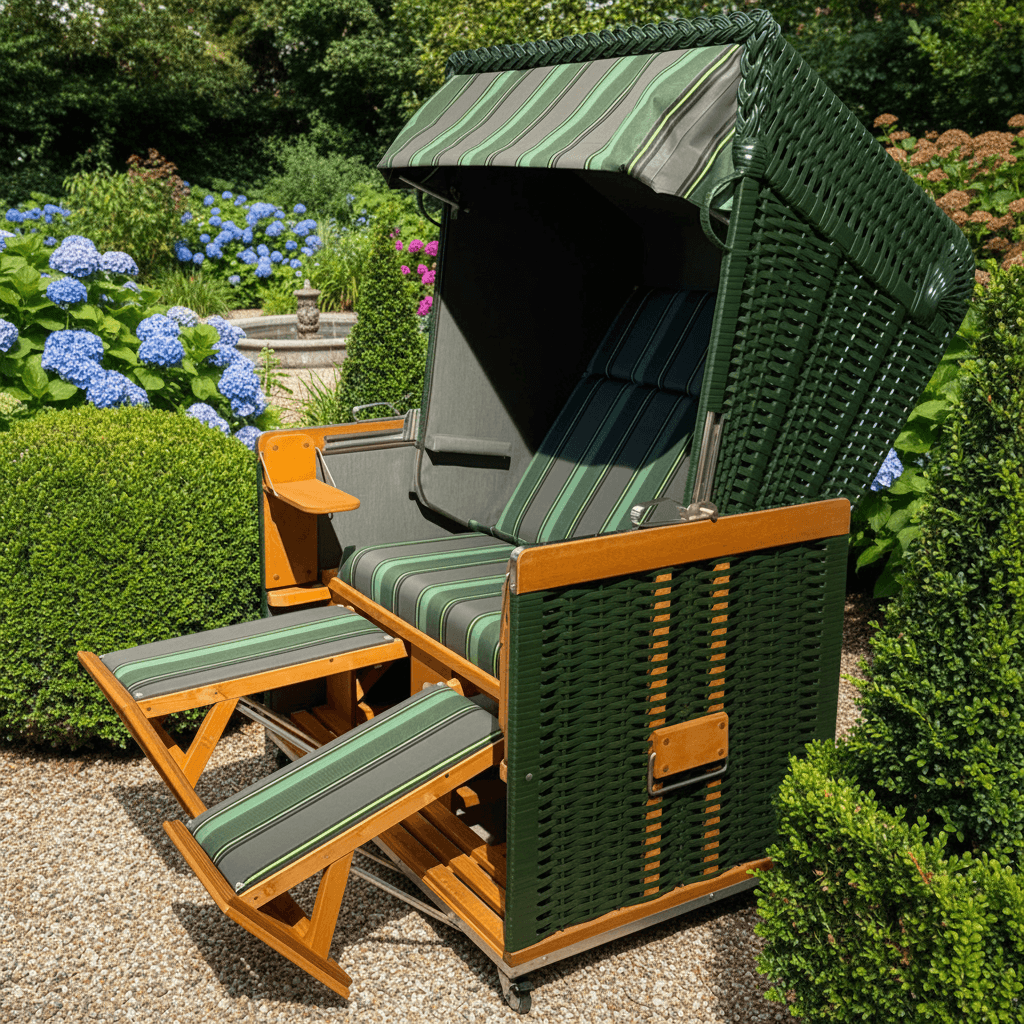 Strandkorb Sonnenpartner Modell Konsul grün mit Fußrasten im Garten, ideal für entspannte Stunden im Freien.