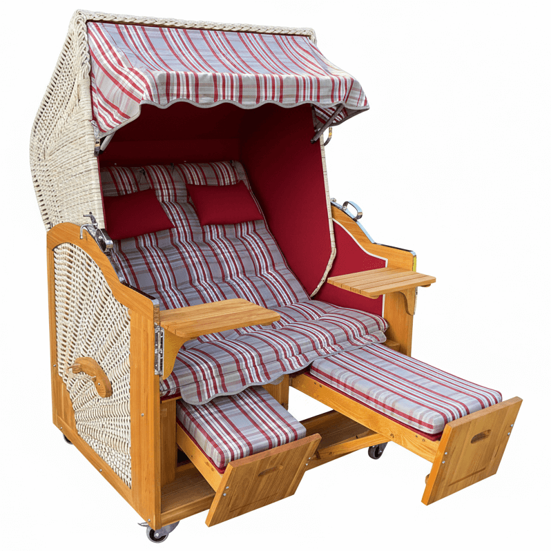 Strandkorb Prieß Modell Meister aus Lärche mit PE Geflecht taupe und rot-grau gestreiftem Stoffdessin, verstellbare Fußstützen