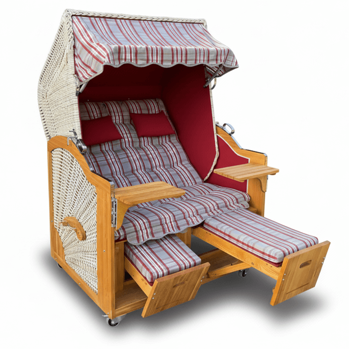 Strandkorb Prieß Modell Meister aus Lärchenholz, PE Geflecht taupe, verstellbare Doppelliege mit rot gestreiftem Stoffdessin