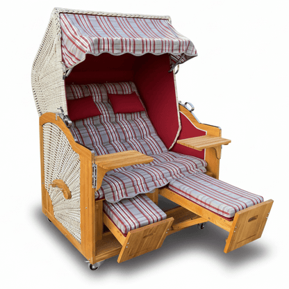 Strandkorb Prieß Modell Meister aus Lärchenholz, PE Geflecht taupe, verstellbare Doppelliege mit rot gestreiftem Stoffdessin