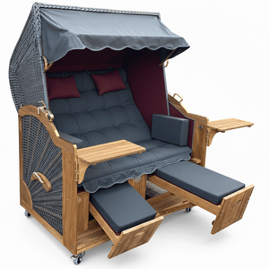 7019 Strandkorb Prieß Modell Meister, Foto zeigt Iroko Holz, PE Geflecht dunkelgrau, Größe wählbar, Stoffdessin wie abgebildet