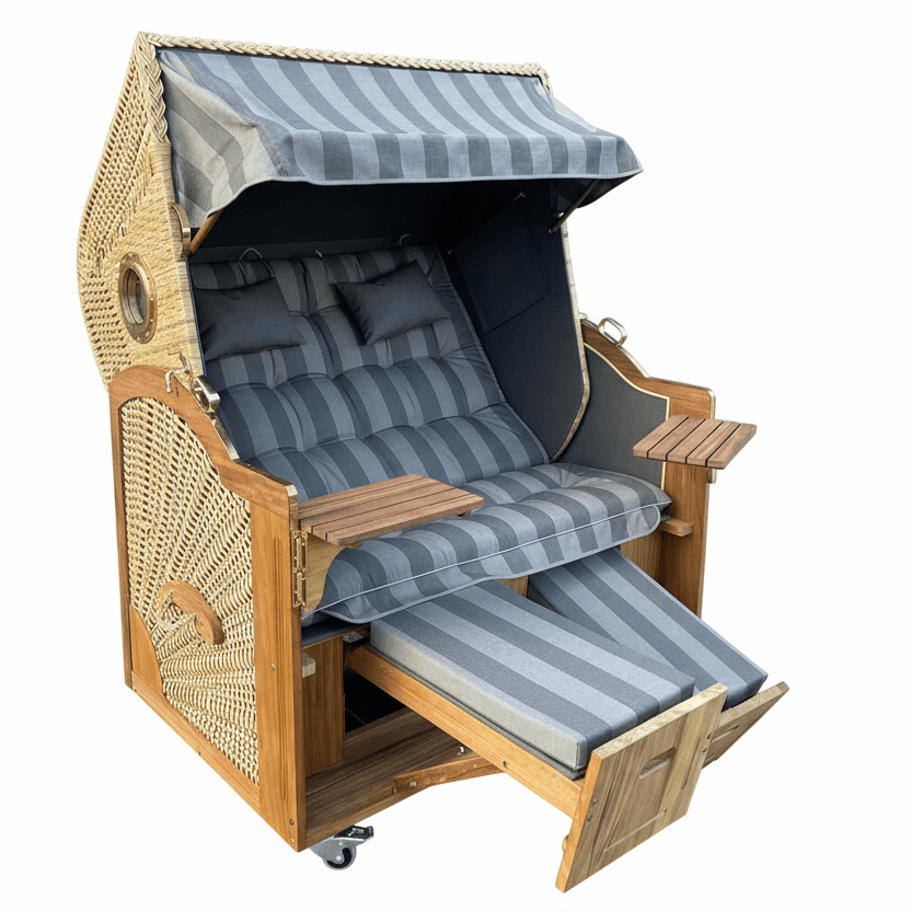 Strandkorb Prieß Modell Meister 7022 aus Iroko Holz mit PE Geflecht naturoptik und grau gestreiftem Stoffdessin
