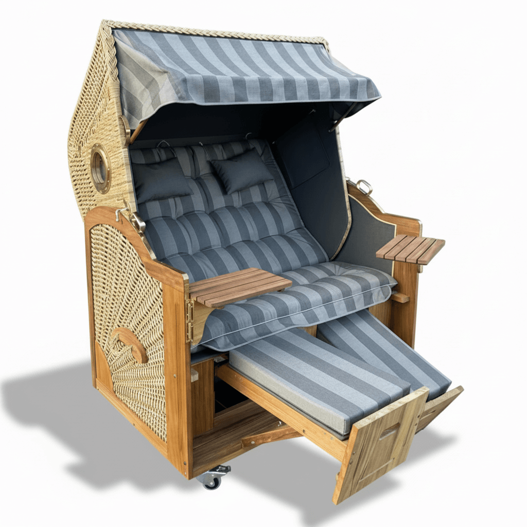 Strandkorb Prieß Modell Meister aus Iroko Holz mit PE Geflecht naturoptik und grau gestreiftem Stoffdessin