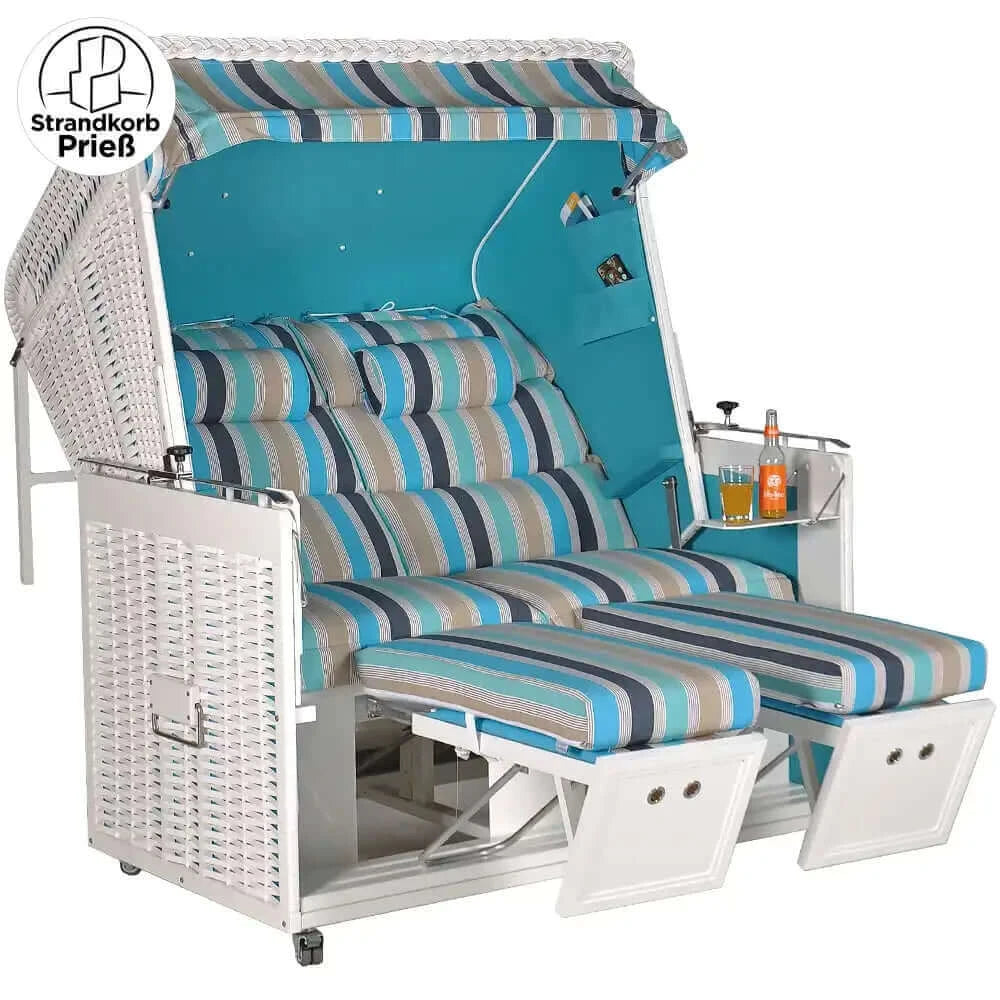 Strandkorb Sonnenpartner Präsident Aluminium XL weiß mit Rollen, Nackenrollen und Dessin Ocean türkis für Garten und Terrasse