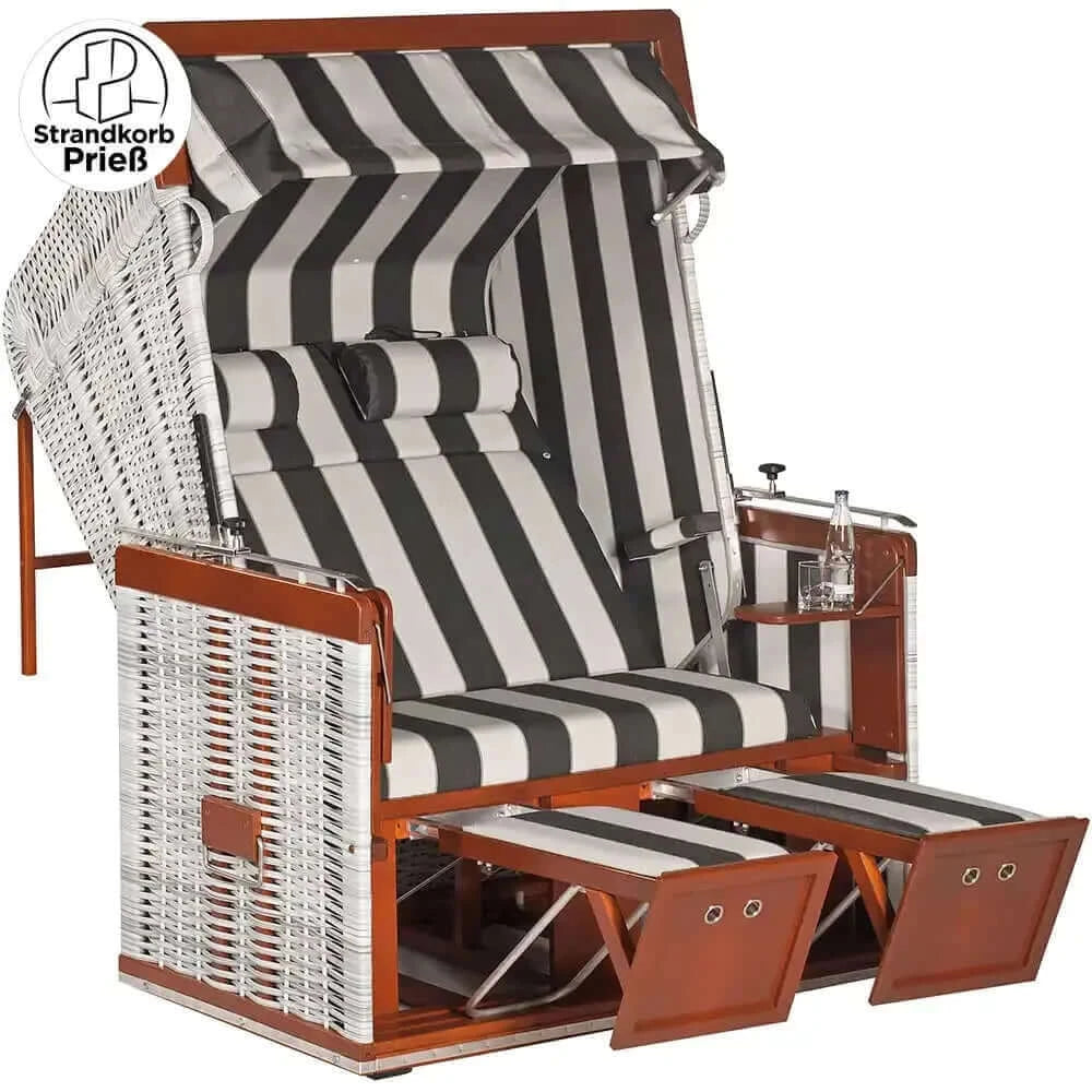 Strandkorb Sonnenpartner Präsident Mahagoni white-washed Geflecht Dessin 93 anthrazit weiss mit Nackenrollen und Fußstützen