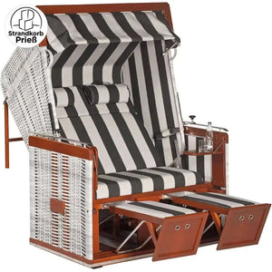 Strandkorb Sonnenpartner Präsident Mahagoni white-washed Geflecht Dessin 93 anthrazit weiss mit Nackenrollen und Fußstützen
