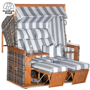 Strandkorb Sonnenpartner Modell Präsident Teak Cappuccinooptik mit grauen Streifenpolstern und ausgezogenen Fußstützen