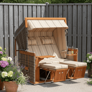 Strandkorb Sonnenpartner Modell Präsident Teak Cappuccinooptik Dessin 57 mit Fußstützenkissen und Nackenrollen auf Terrasse