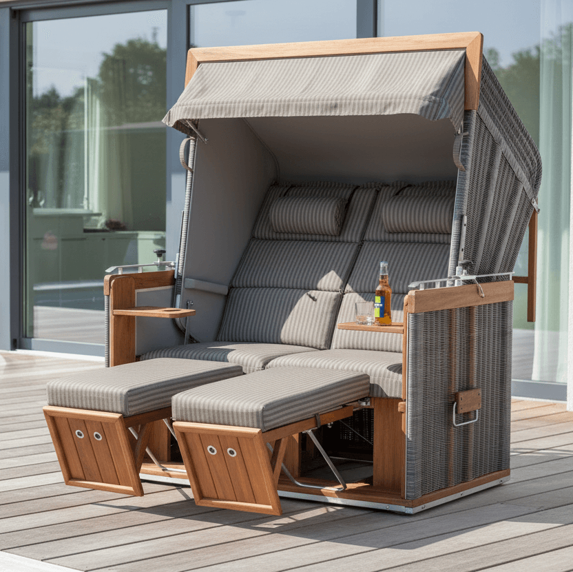 Strandkorb Sonnenpartner Präsident 8136 in Teak Cappuccinooptik Dessin Zora Bajo mit Fußstützenkissen und Bistrotisch auf Terrasse