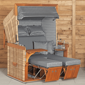Strandkorb Sonnenpartner Modell Präsident aus Teak in Rattanoptik mit grauem Dessin 51, verstellbaren Fußstützen und Komfortpolstern