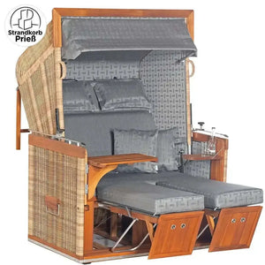 Strandkorb Sonnenpartner Modell Präsident Teak in Rattanoptik grau mit extra Kissen, Fußstützen und Bistrotisch für zwei Personen
