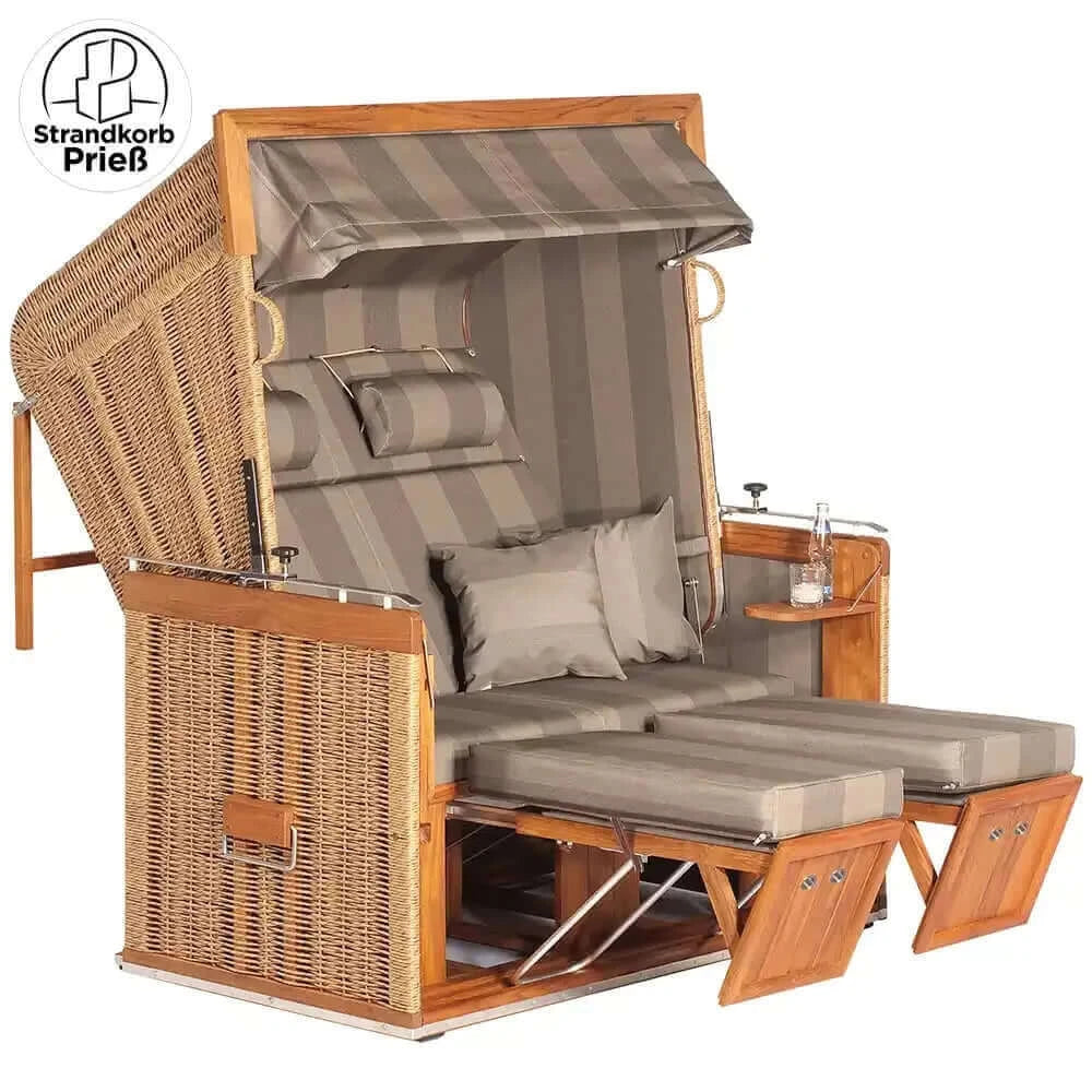 Strandkorb Sonnenpartner Präsident Teak Hyazinthoptik Dessin 39 braun mit Fußstützen, Kissen und Nackenrollen, wie abgebildet