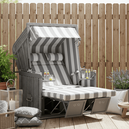 Strandkorb Sonnenpartner Präsident Mahagoni grau mit onix Geflecht und Dessin 121, zweisitzig mit Liegefunktion auf Terrasse