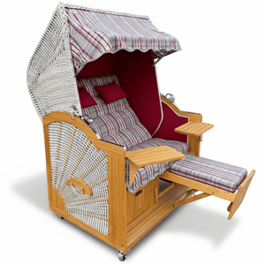 A111 Strandkorb Prieß Modell Meister Lärche Holz, PE Geflecht taupe, Dessin rot taupe, 135 cm