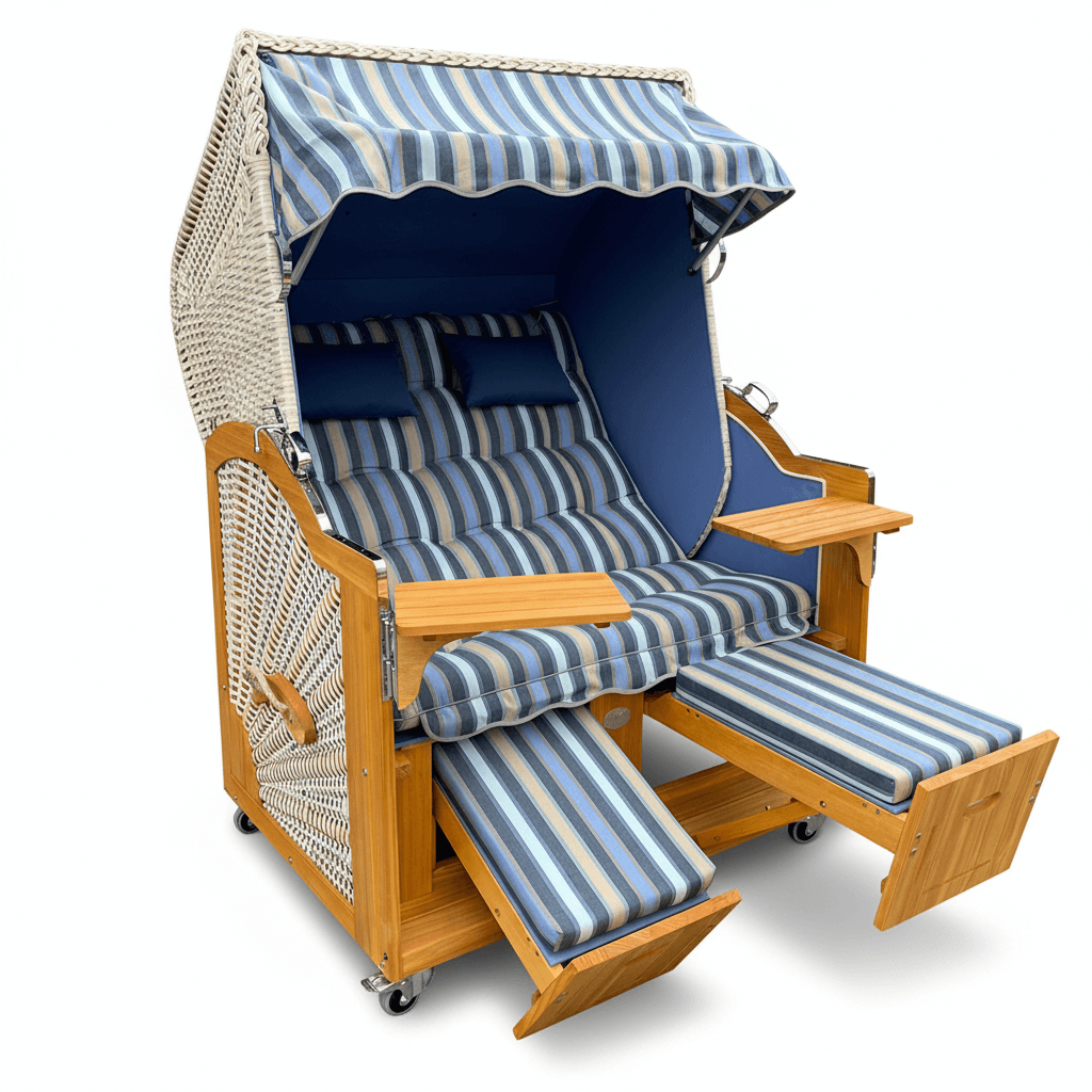 112 Strandkorb Prieß Modell Meister Lärche Holz, PE Geflecht taupe, Dessin hellblau blau creme, 135 cm