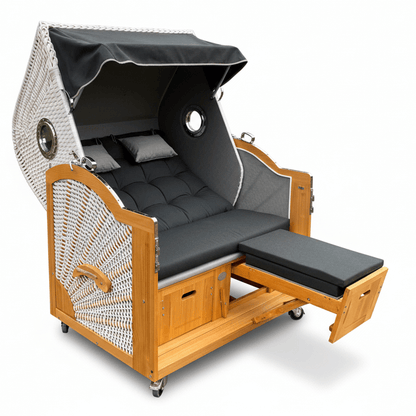 7045 Strandkorb Prieß Modell Meister, Foto zeigt Lärche Holz, PE Geflecht weiß, Größe wählbar, Stoffdessin wie abgebildet