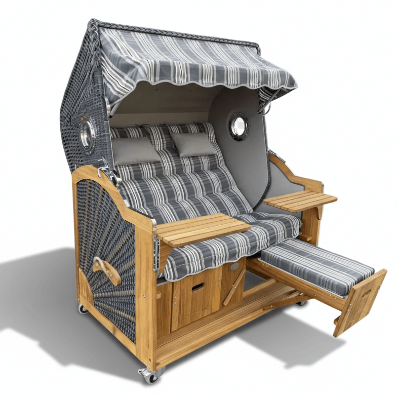 113 Strandkorb Prieß Modell Meister Iroko Holz, PE Geflecht dunkelgrau, Dessin hellgrau gestreift, 150 cm